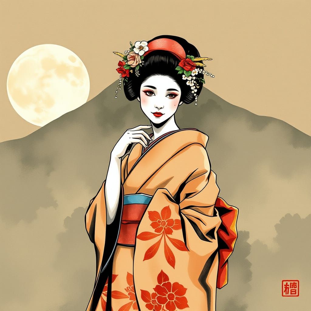 Serene Geisha Portrait in Expressive Ink Style