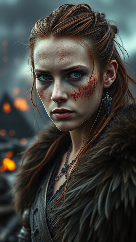Battle-Scarred Norse Goddess in a Haunting Landscape