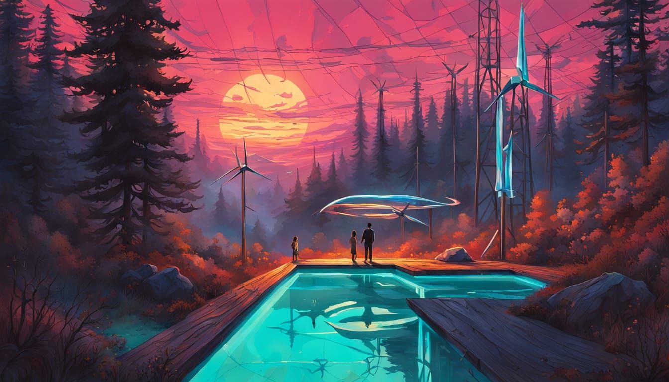 Surreal Futuristic Oasis with Diverse Wind Turbines Amidst B...