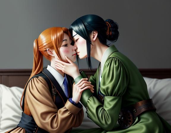 Twin Kemono Sisters Kiss in Steampunk Manga Style