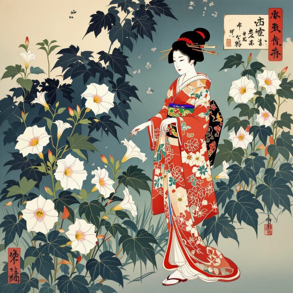 Geisha in Kimono Among Morning Glories, Ukiyo-e Style