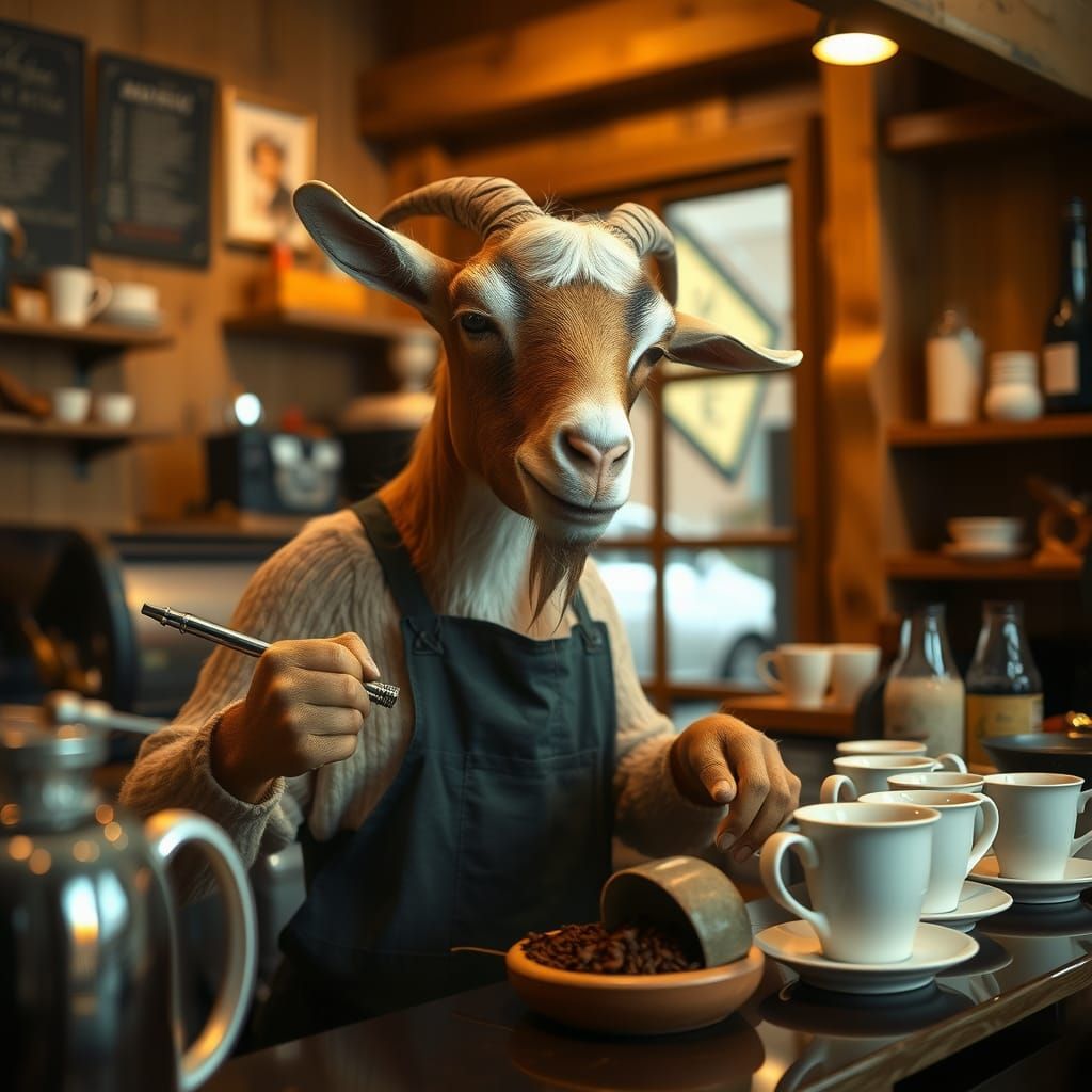 Goat Barista Crafts Coffee in Cinematic Film Still