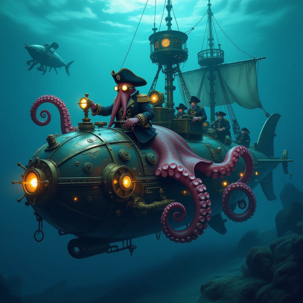 Steampunk Octopus Pirate Captain Submarine, Gothic Horror Ar...