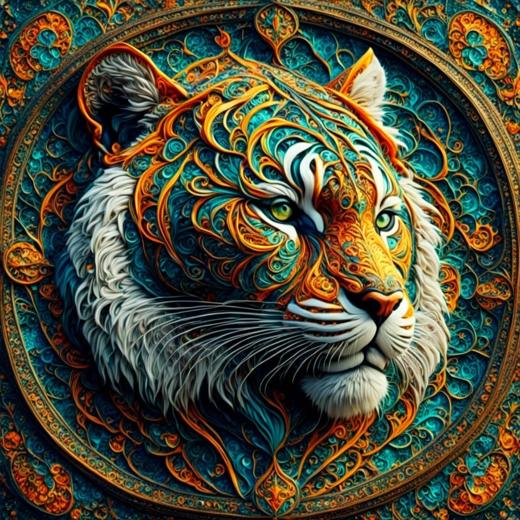 Fractal Bengal Tiger in Stained Glass Style