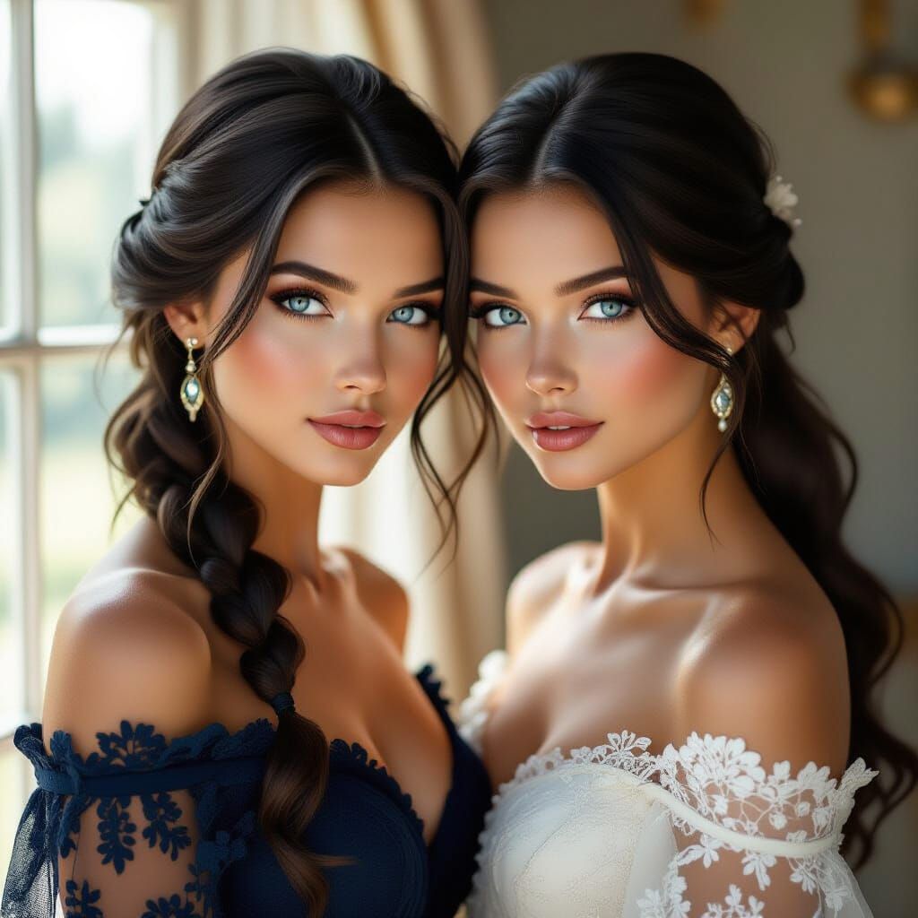 Photorealistic Portrait of Two Elegant Sisters