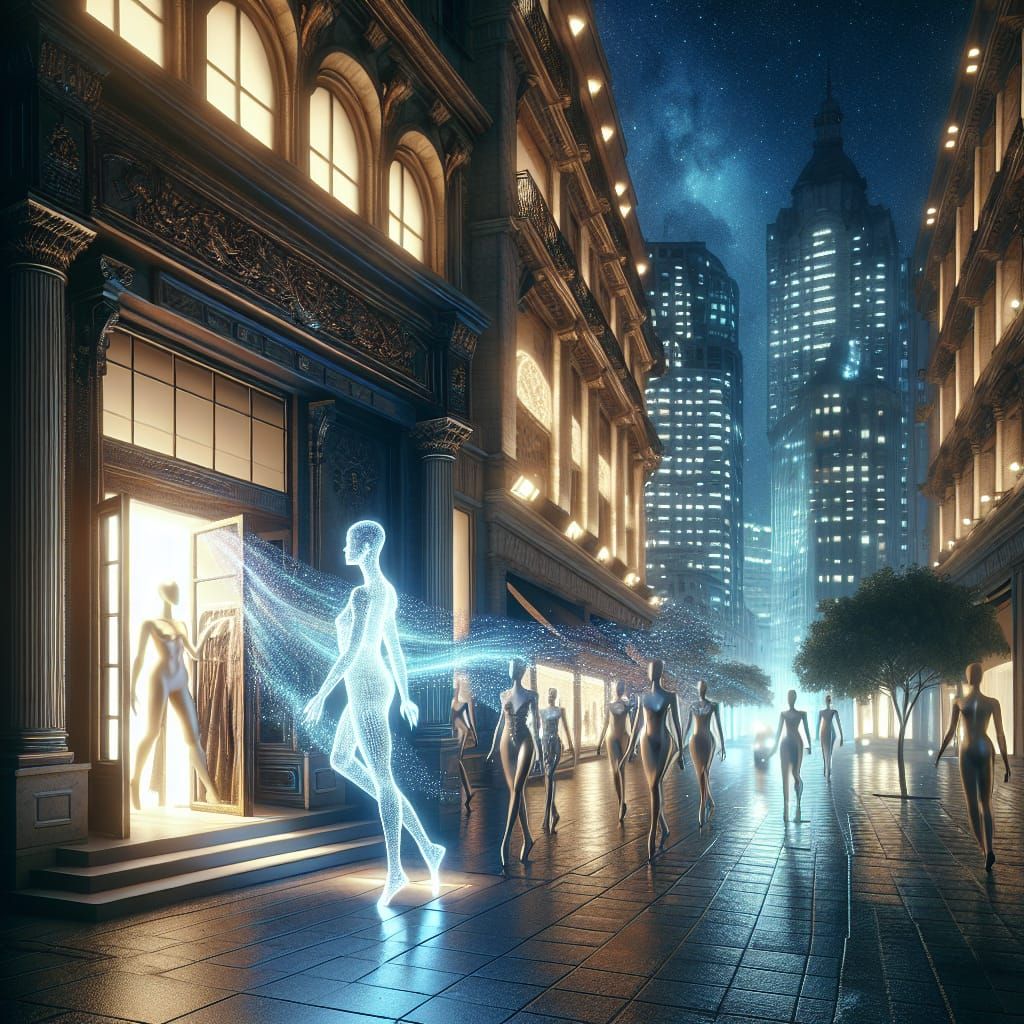 Mannequins Awaken in Iridescent Light: Fantasy Illustration