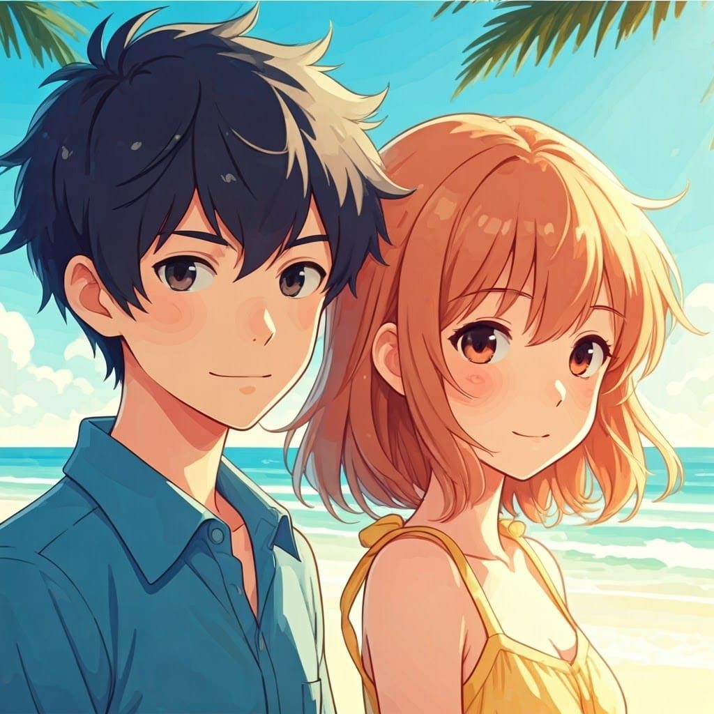 Friends at the Beach in Anime Style
