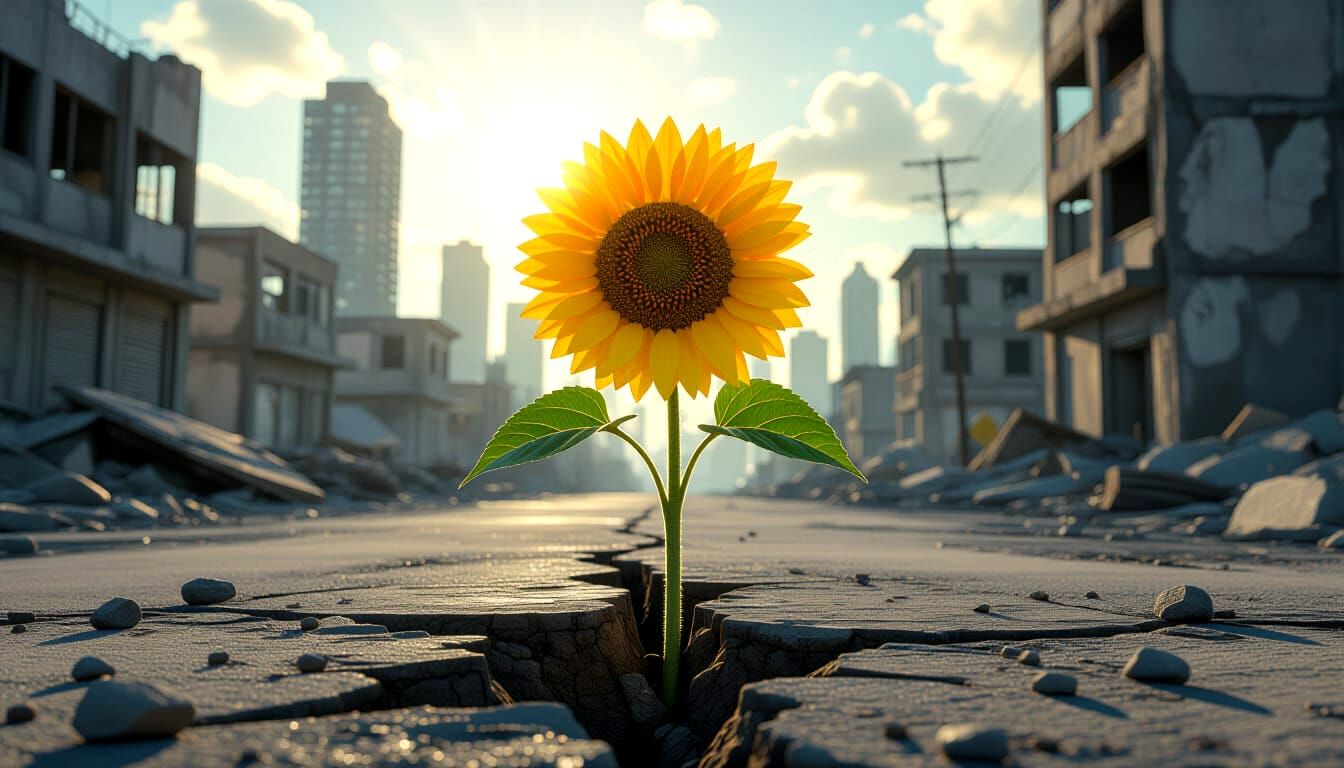 Resilient Sunflower in Post-Apocalyptic Cityscape