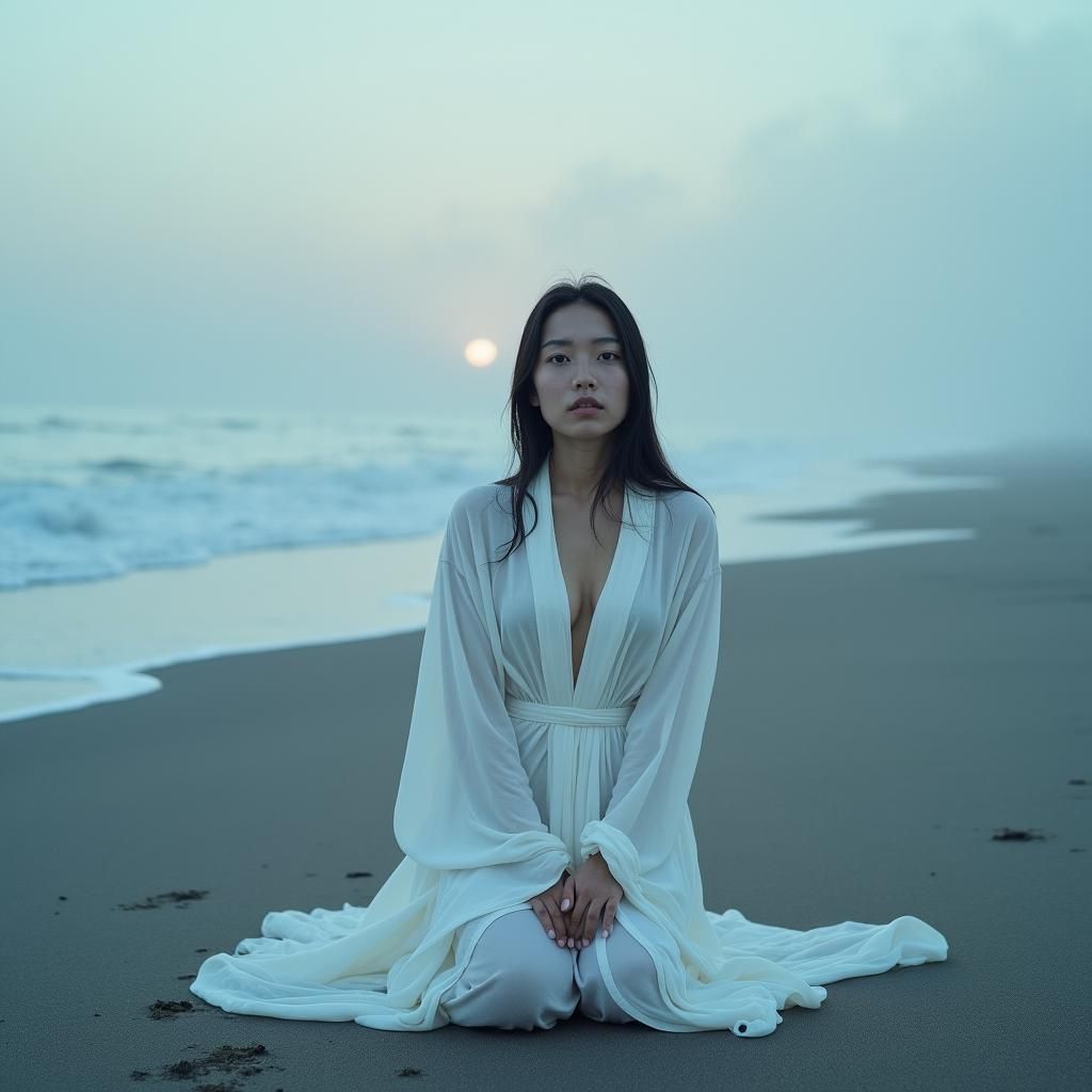 Girl in White Robe on Misty Beach at Sunset