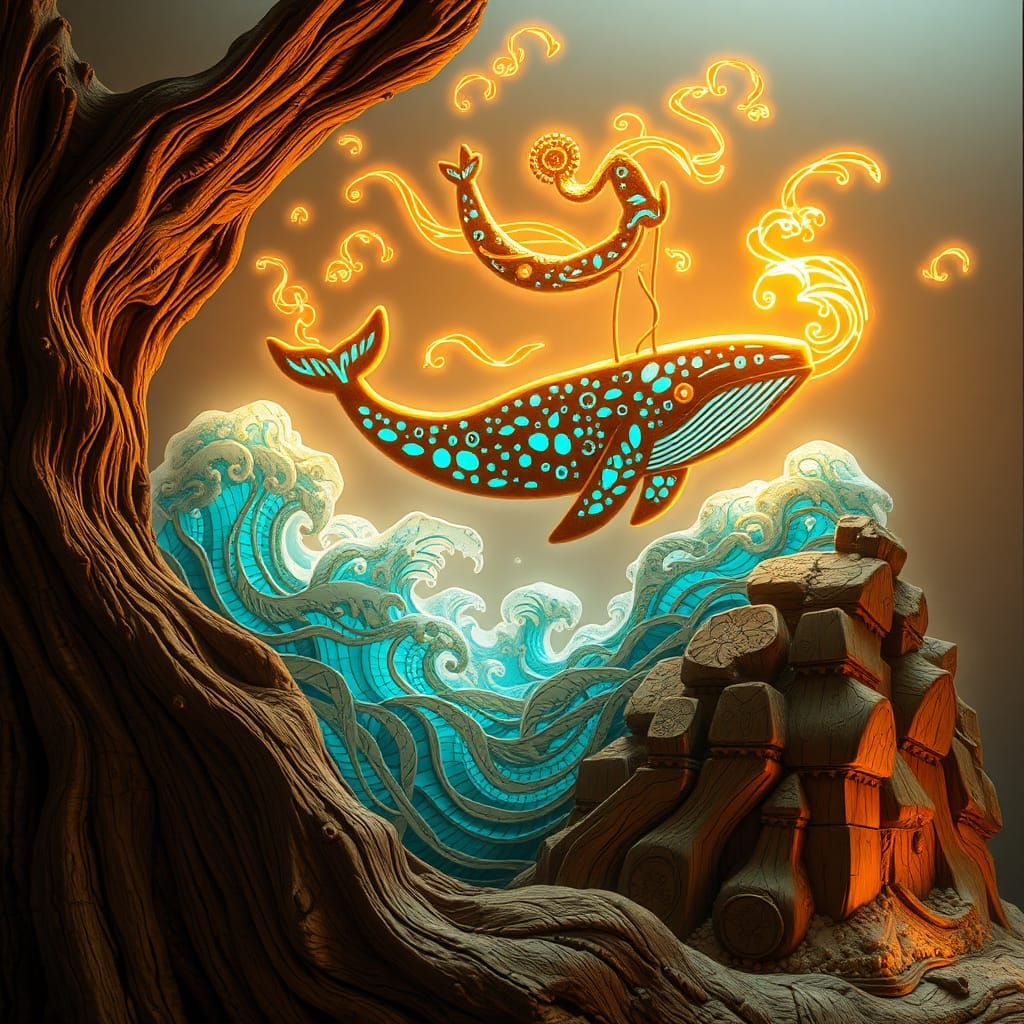 Whimsical Whale Over Ancient Azure Waves