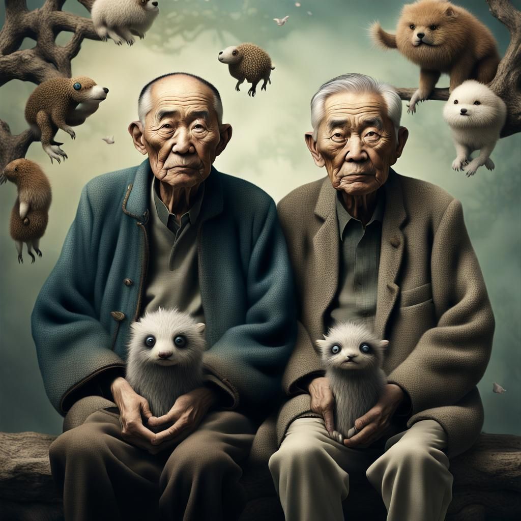 Chinese Men Surrounded by Cute 3D Furry Creatures