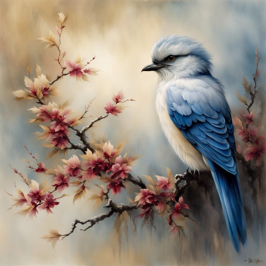 Fluffy Bird in Chinese Landscape Painting