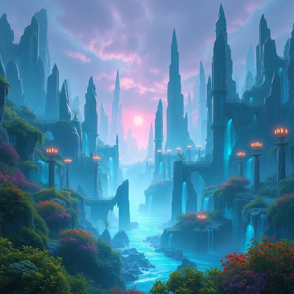 Neon Blue Landscape with Ethereal Waterfalls