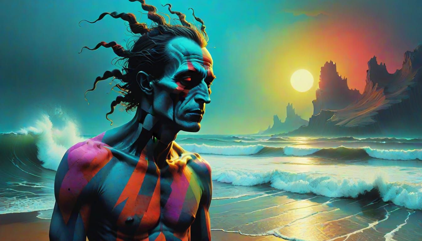 Surreal Jester Weeping on Windswept Beach in Glitch Art