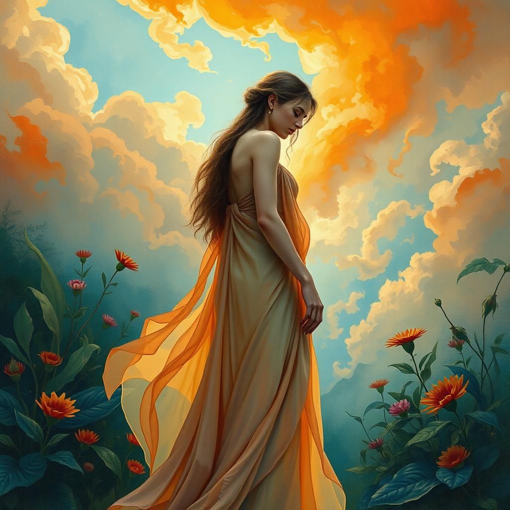 Ethereal Woman in Surrealist Dreamscape, Watercolor Art