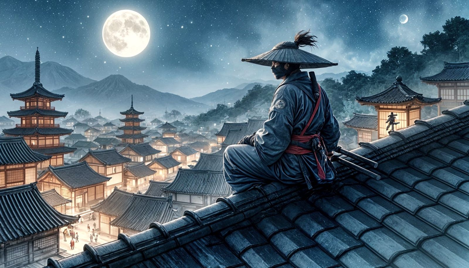 Ninja Surveys Ancient Japanese City at Night