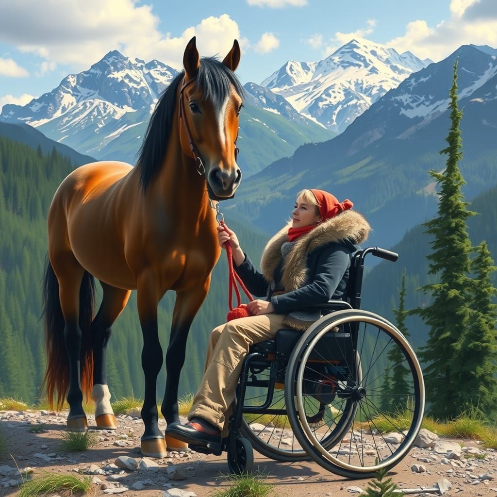 Woman in Wheelchair with Horse in Mountain Landscape