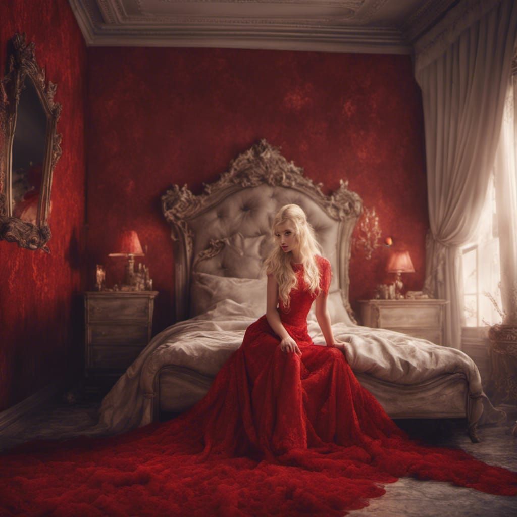 Beautiful Blonde Model in Red Lace: Digital Painting