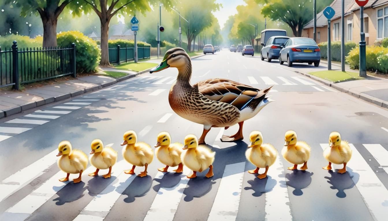 Mother Duck and Ducklings in Watercolor Style
