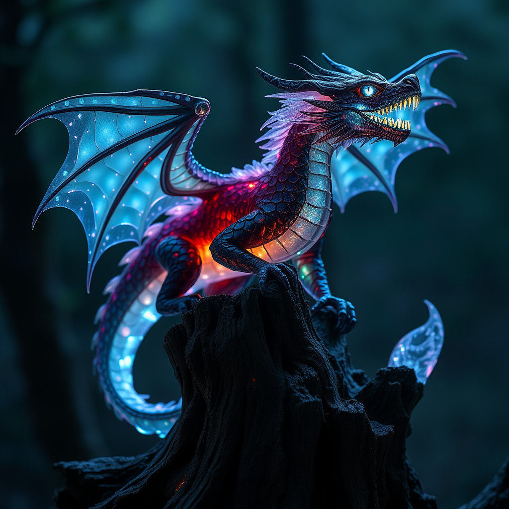 Obsidian Dragon Sculpture with Bioluminescent Crystal