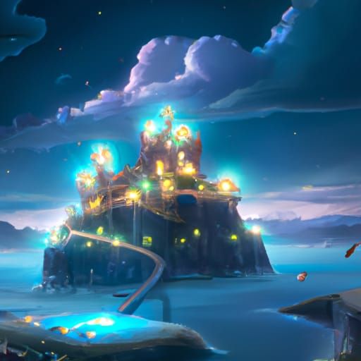 Floating Island Castle in Starry Sky, Digital Art