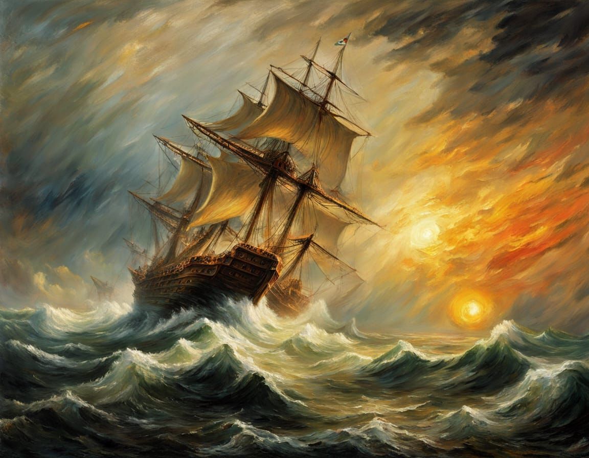 Impasto Oil Painting of Galleon Battling Stormy Seas