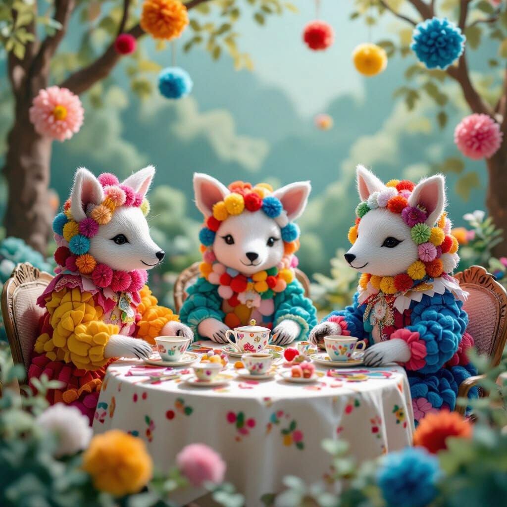 Whimsical Pom-Pom Tea Party in Abstract Style