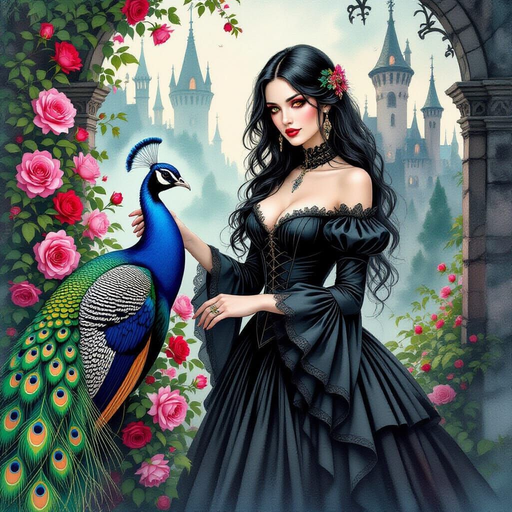 Gothic Woman Petting Peacock in Alcohol Ink Style