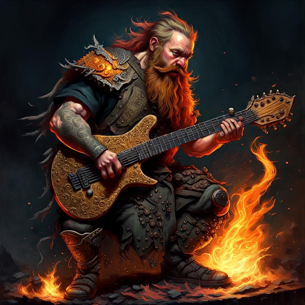 Fiery Bearded Dwarf Shredding Molten Guitar