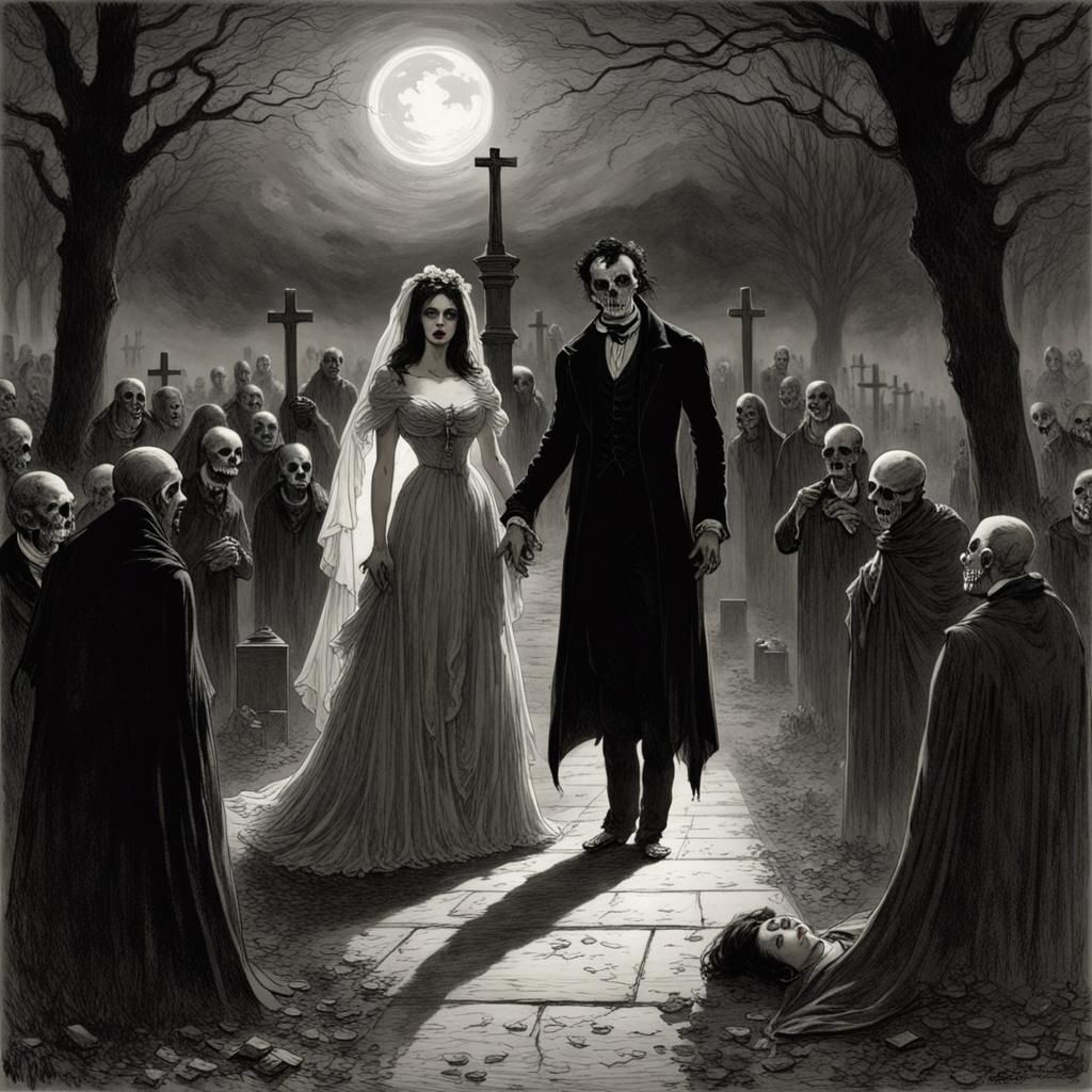 Vampire Wedding in Cemetery, Horror Art Style