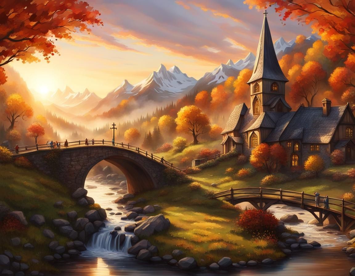 Sunrise Over Cozy Mountain Village in Autumn