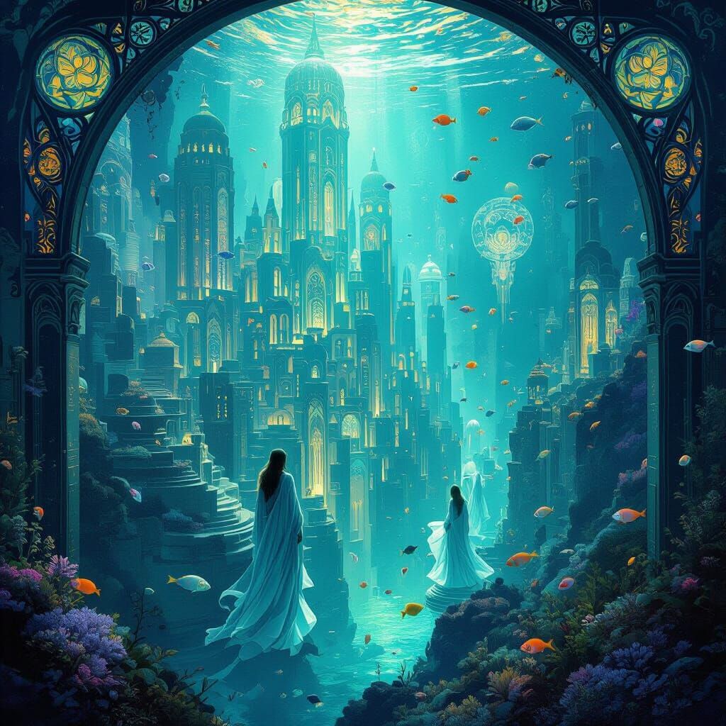 Bioluminescent Underwater City in Art Nouveau Style