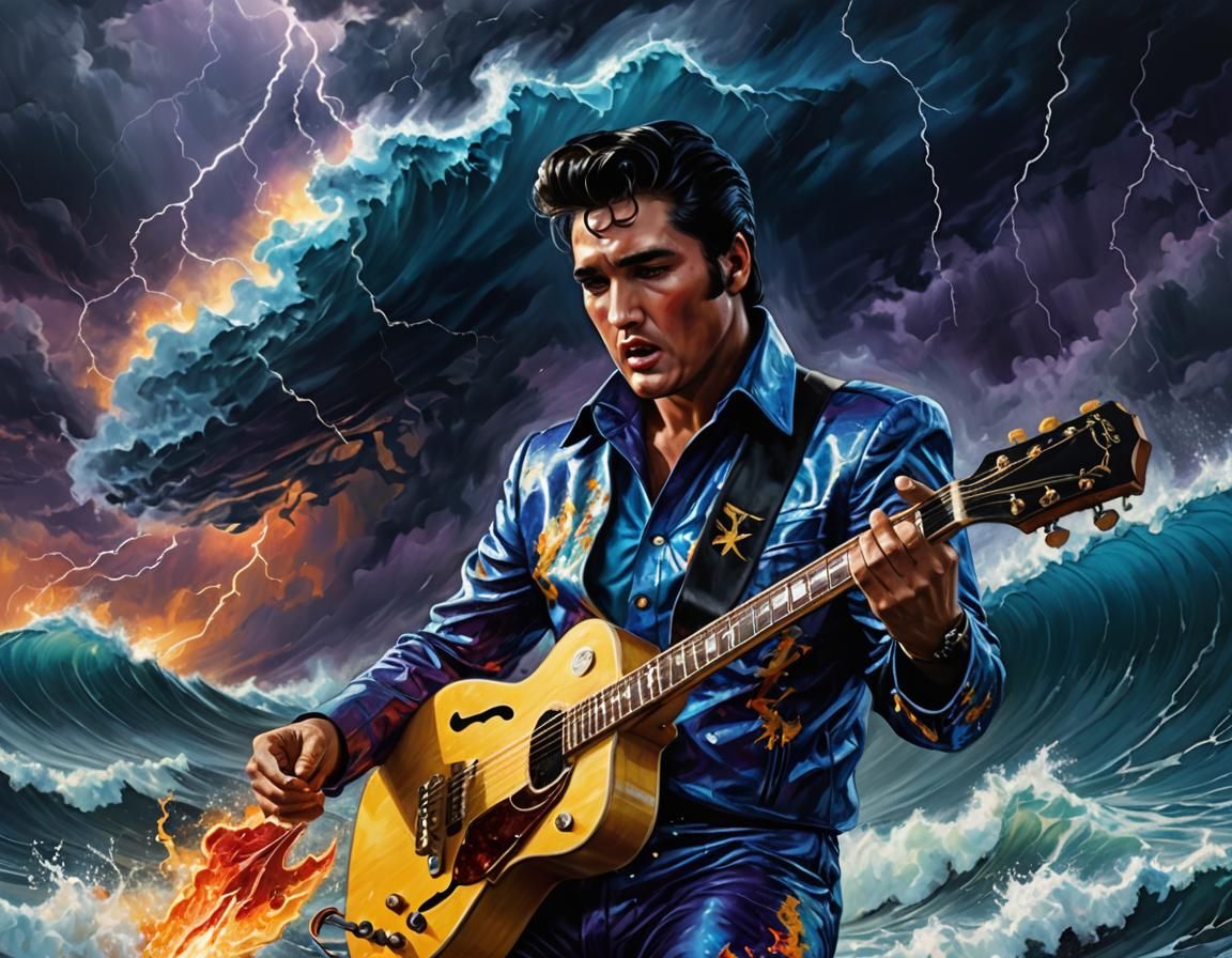 Elvis Presley Surfing Tsunami in Surreal Dreamscape