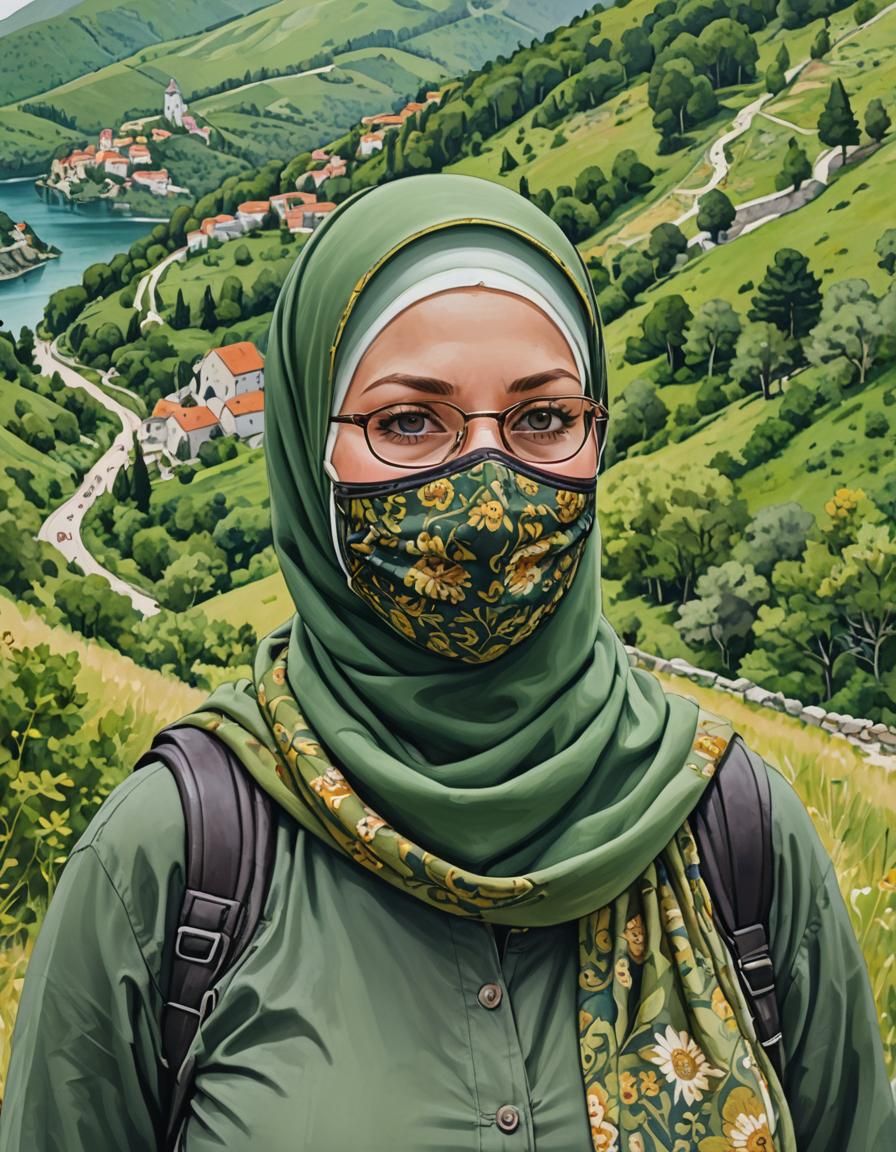 European Woman Hiking in Croatia as Matte Painting