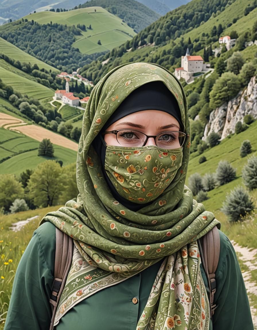 Hiking Hijabi Woman in Croatia: Detailed Matte Painting