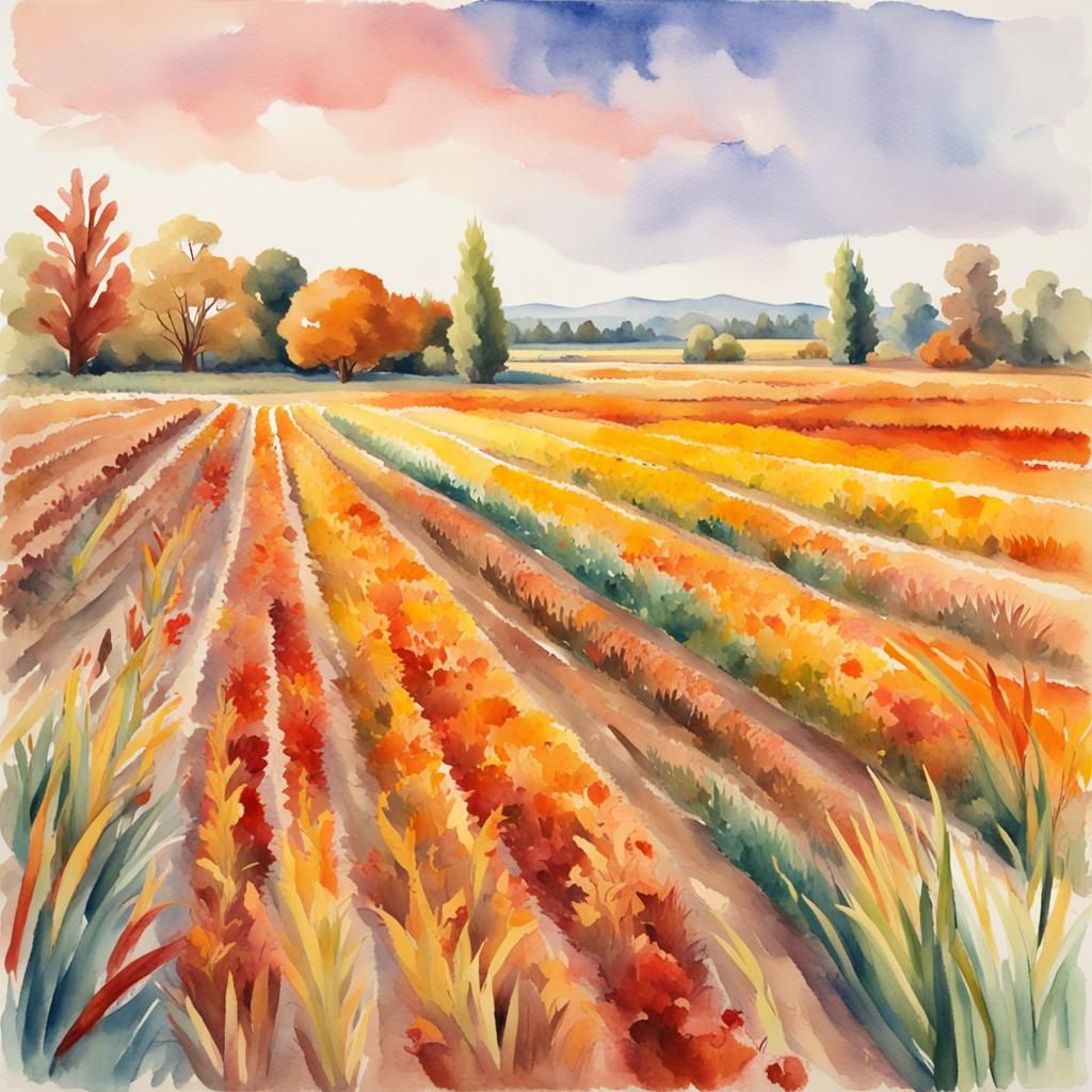 Autumn Field Watercolor in Impressionist Gouache Style