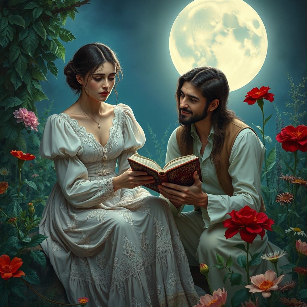 Woman Comforted by Gentle Stranger in a Moonlit Garden