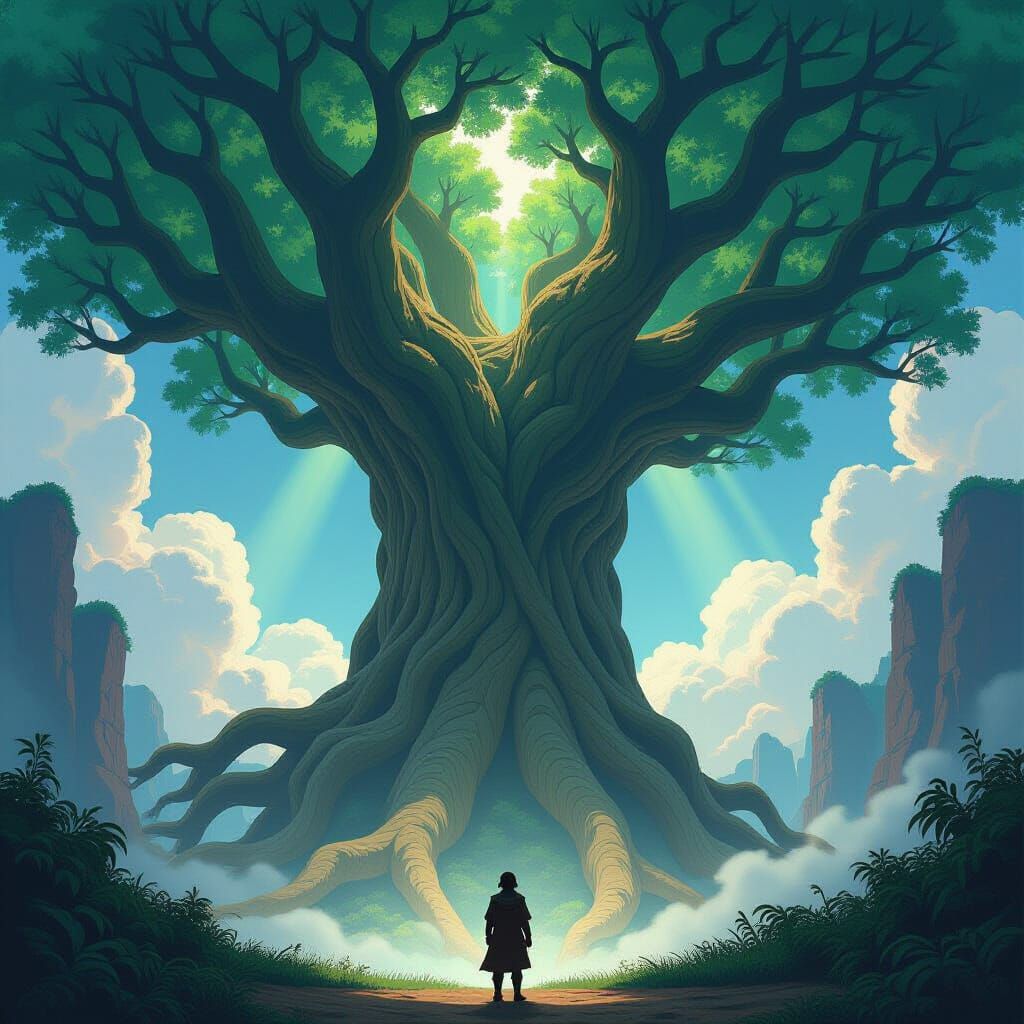 Epic Fantasy Tree: Solitary Figure in Majestic Natural Archi...