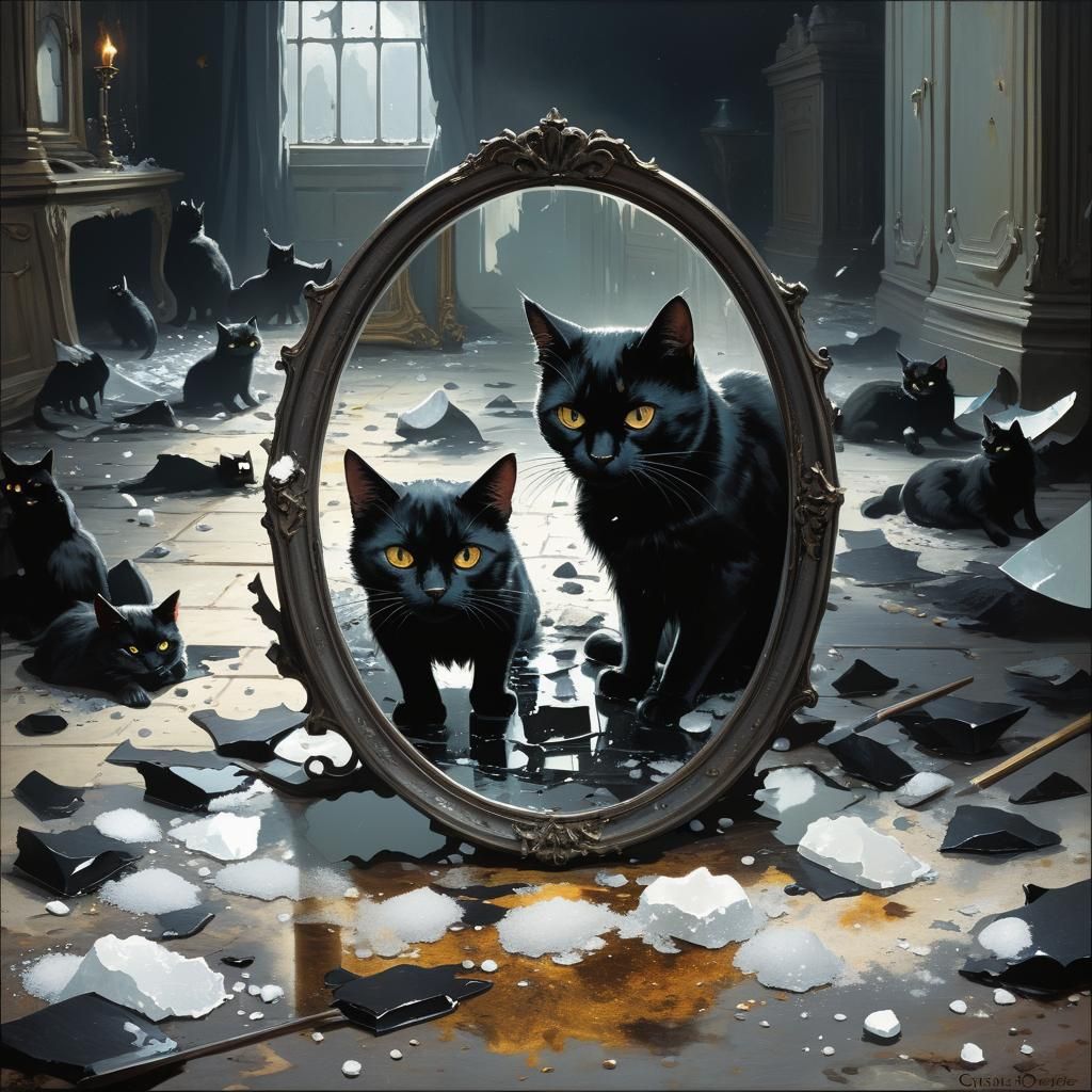 Black Cat's Gaze in Broken Mirror: Gothic Horror