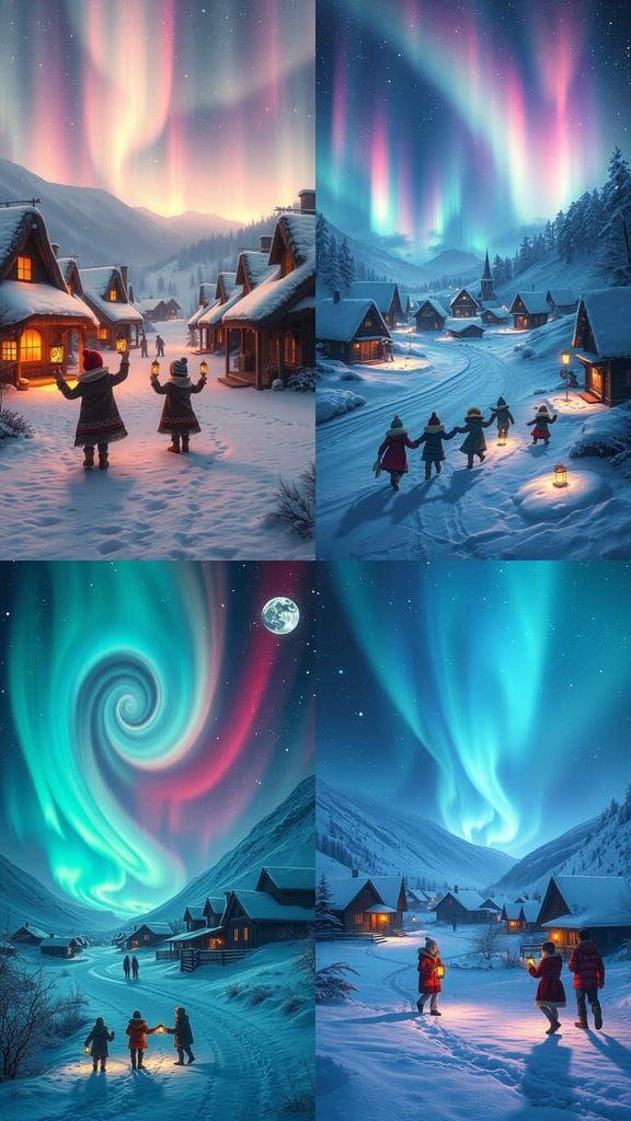 Whimsical Village Dances Under Vibrant Northern Lights