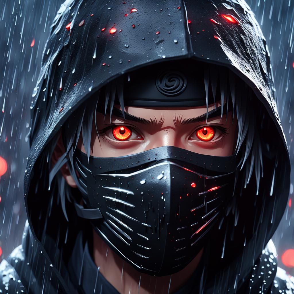 Rainstorm Ninja with Red Eyes in Anime Style