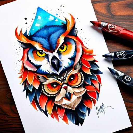 Watercolor Tattoo Design of Owl-Bear Hybrid