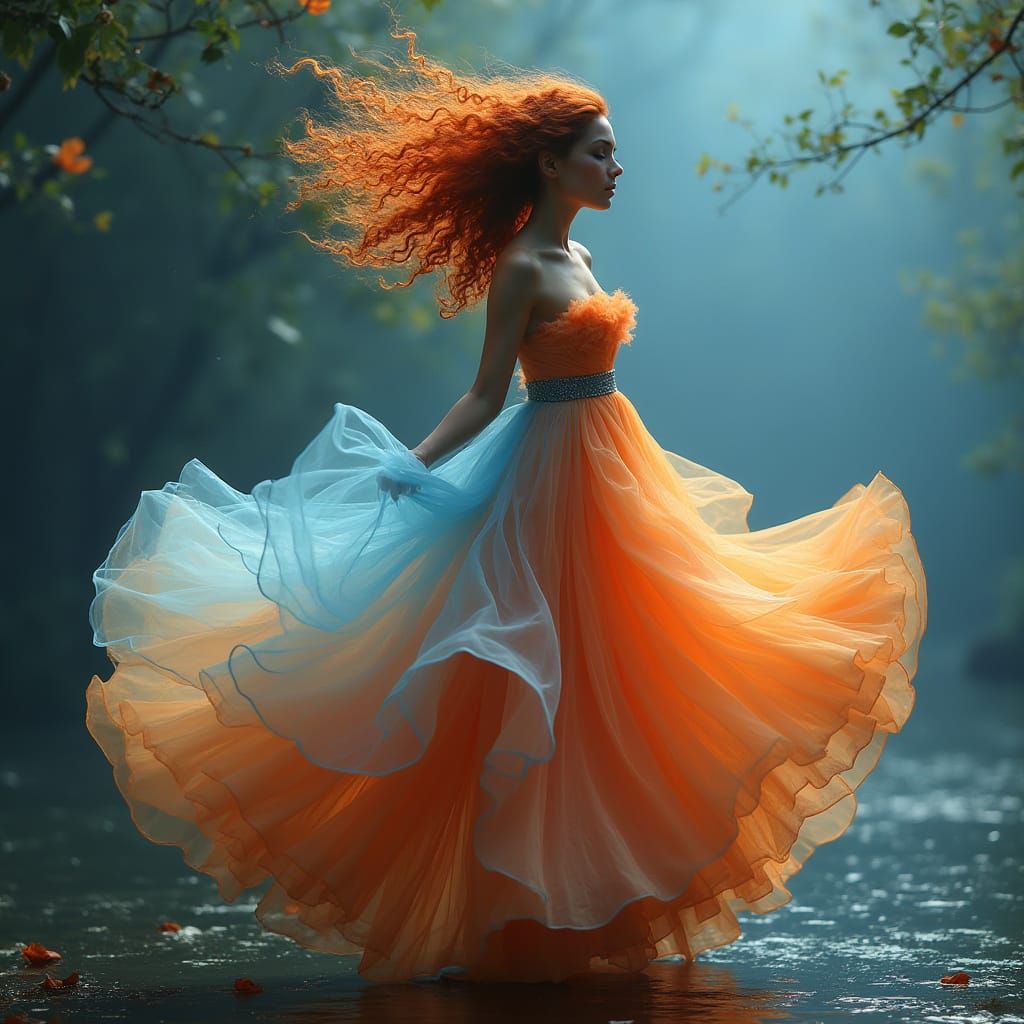 Orange and Blue Ball Gown on Beautiful Woman