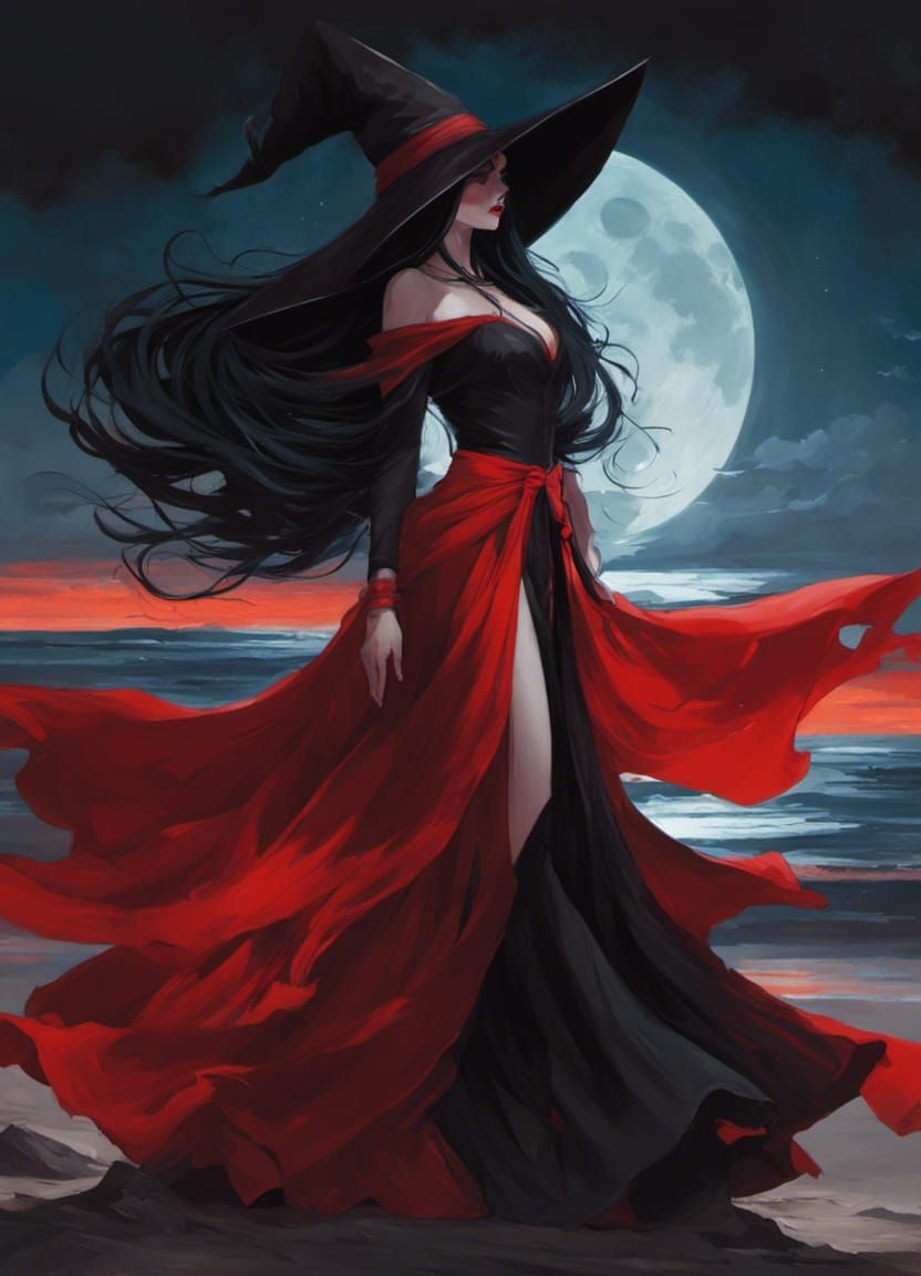 Noir Witch on Moonlit Beach in Gothic Style
