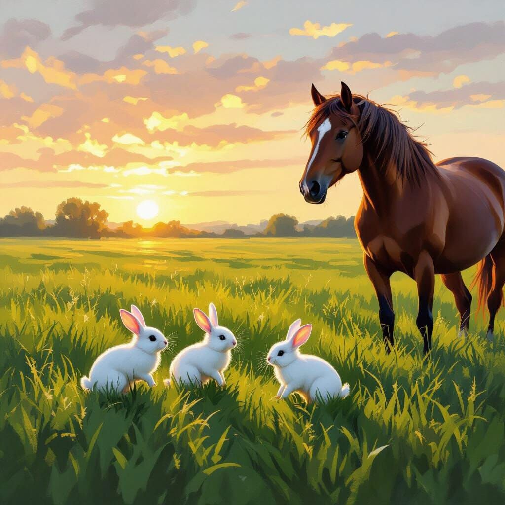 Three White Rabbits Hop in a Farm Field at Dawn