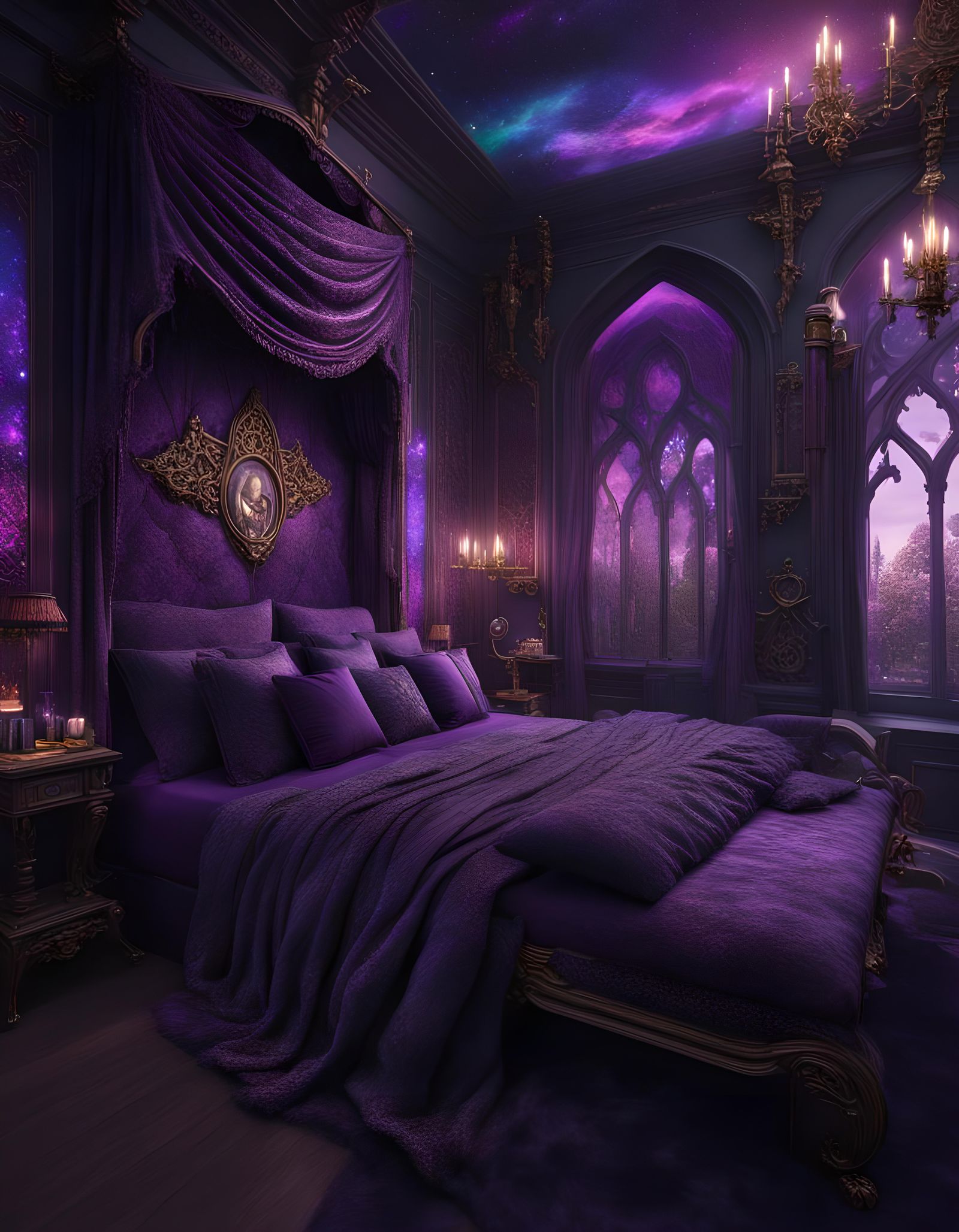 Beautiful cosmic gothic bedroom with purple walls and purple gothic bed& multi chromatic vibes& holographic vibes& beaut...