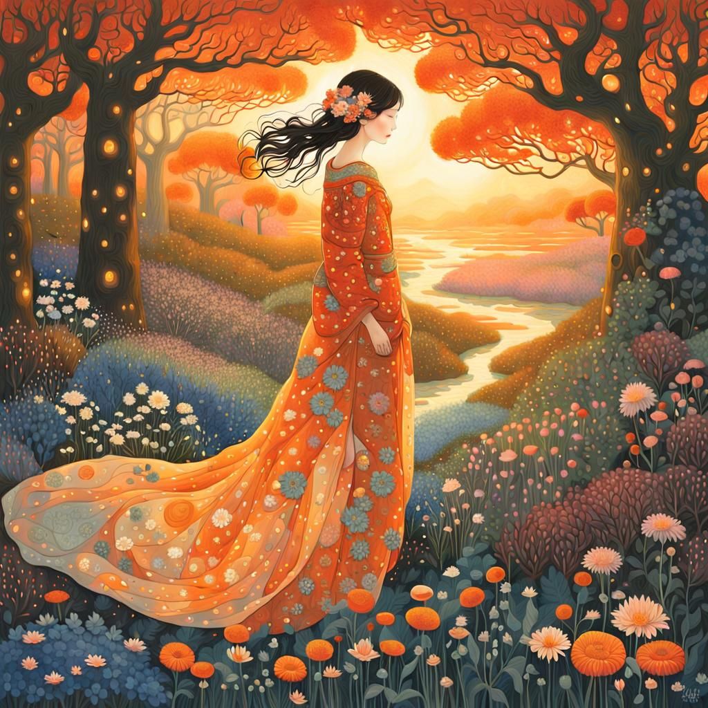 Sunset Woman in Enchanted Flower Forest