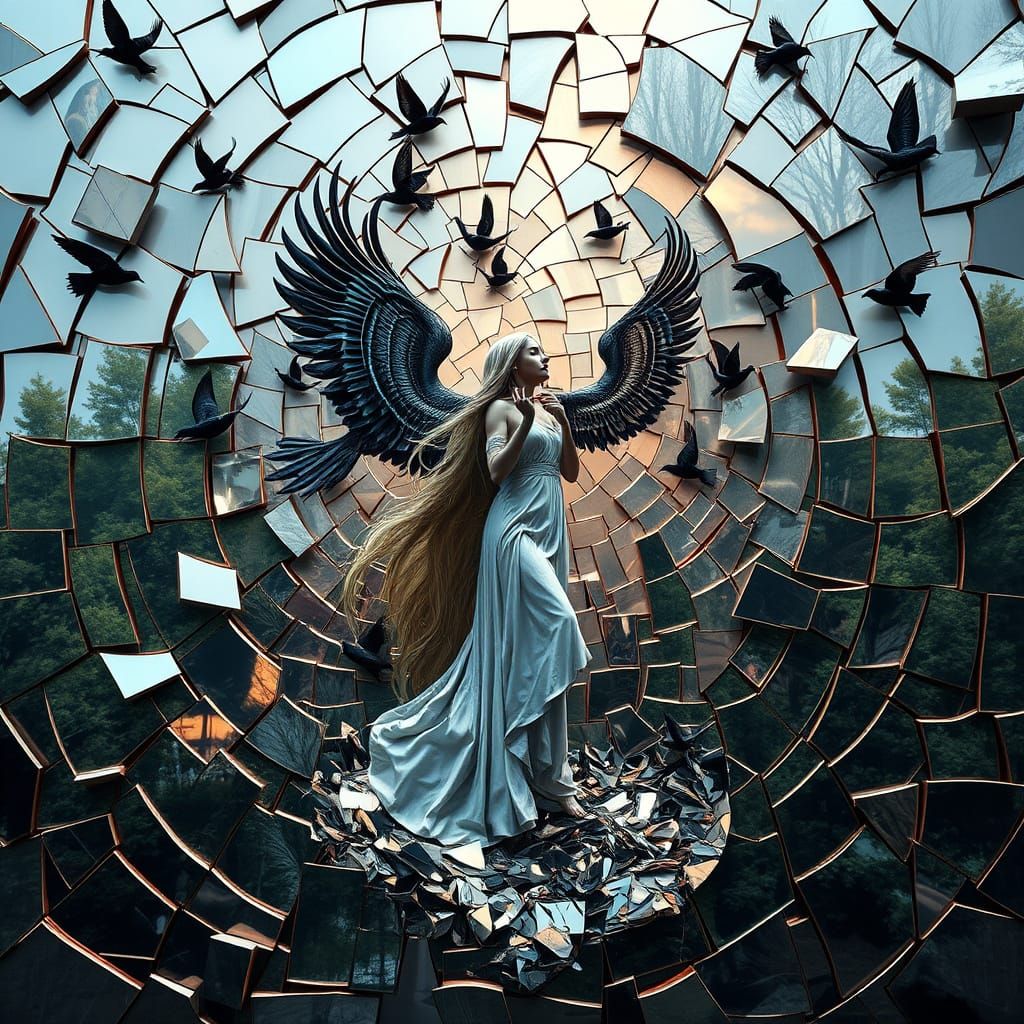 Surreal Angel Collects Shattered Mirrors in Labyrinthine Dre...