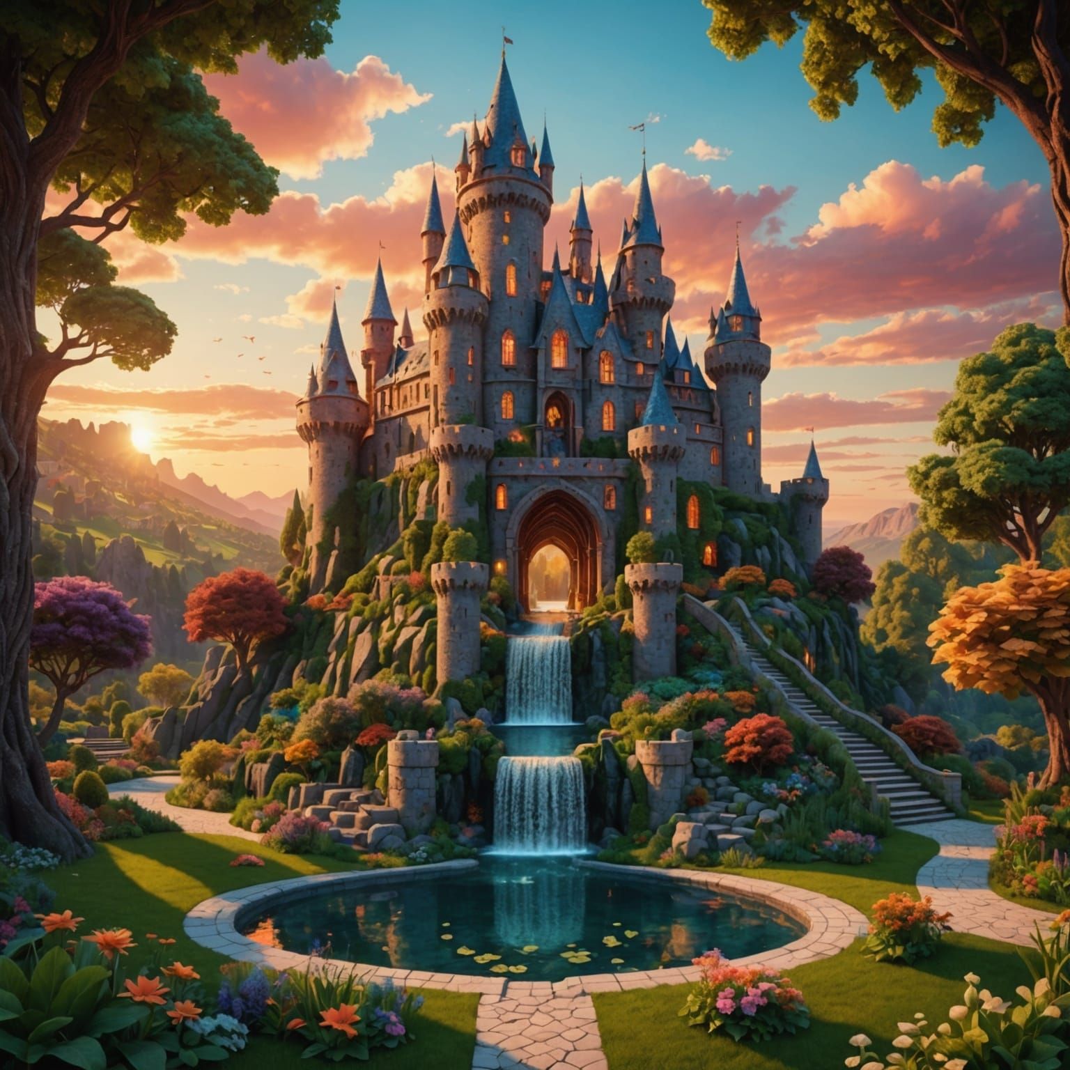 Sunset Fantasy Castle in Hyperrealistic Style