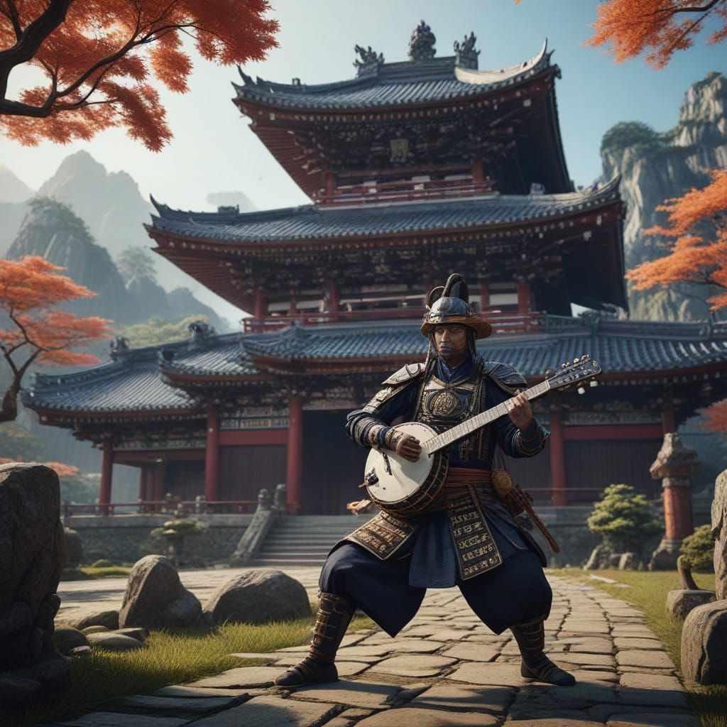 Samurai in Fantastical Japanese Temple Landscape